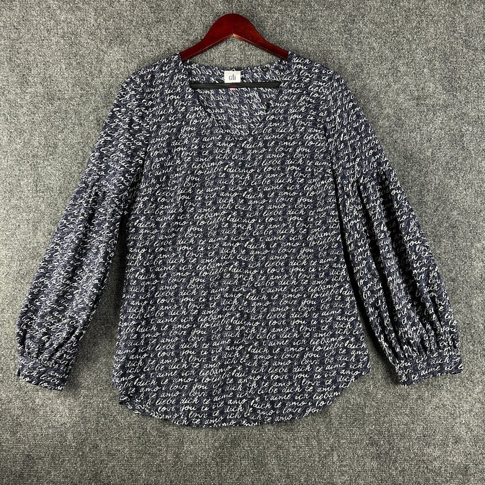 CAbi Top Womens Small Te Amo Blouse Blue Purple Print V Neck Long Flare Sleeve